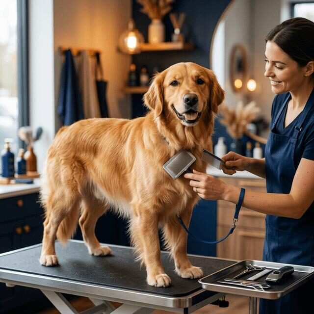 Golden retriever being brushed