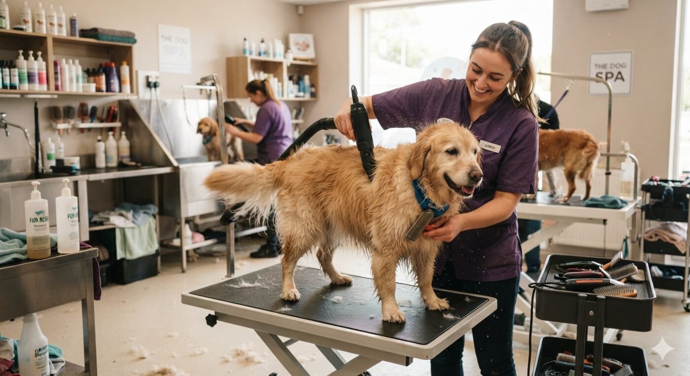 Golden retriever being groomed at a spa